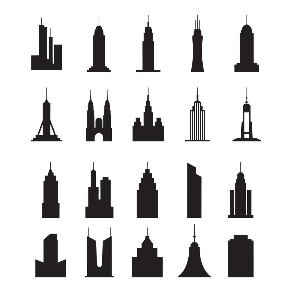 Black Silhouettes of Various Skyscrapers and Buildings on White Background vector
