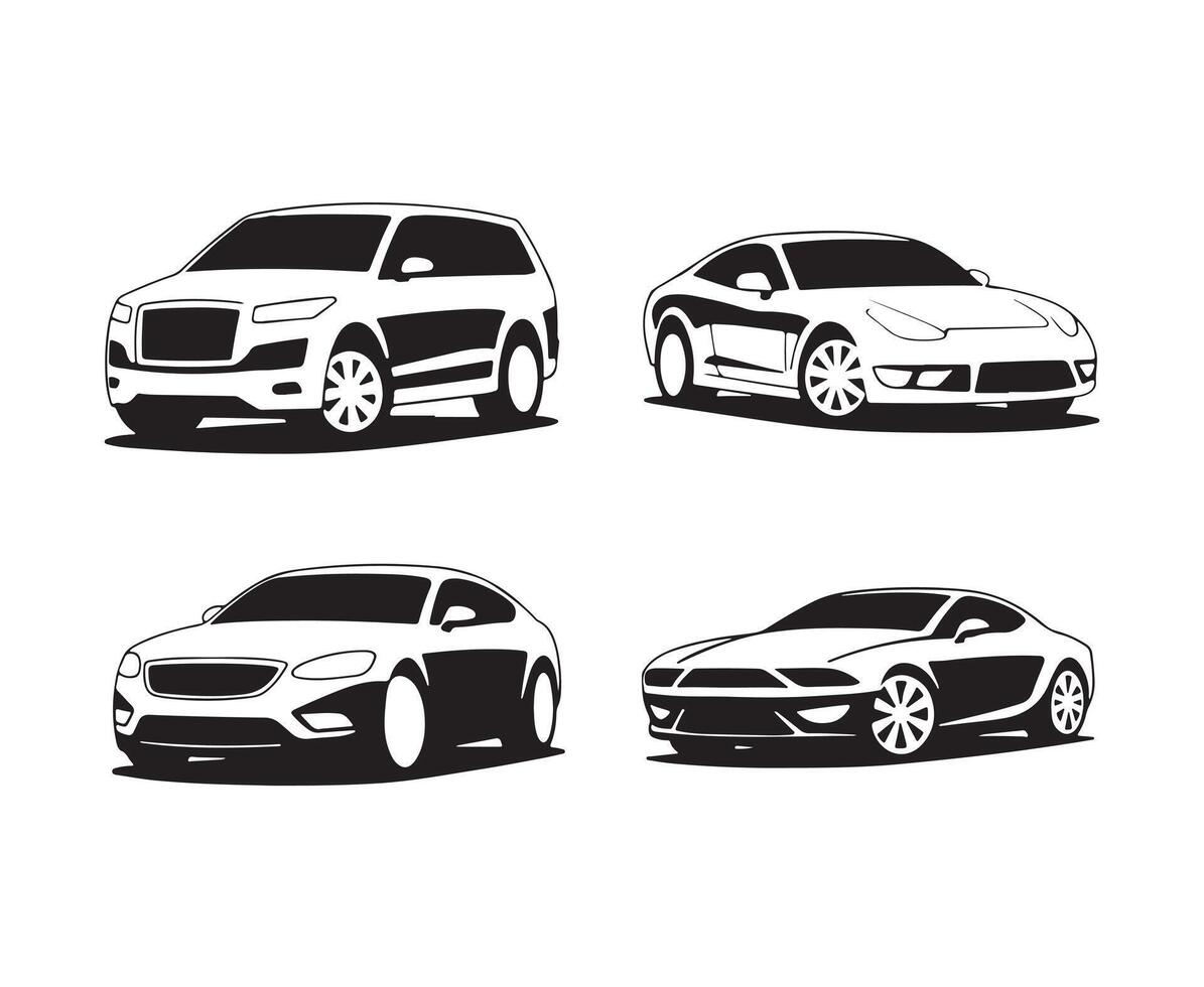 Black and White Car Outlines S U V Coupe Sedan Sports Car Illustration vector