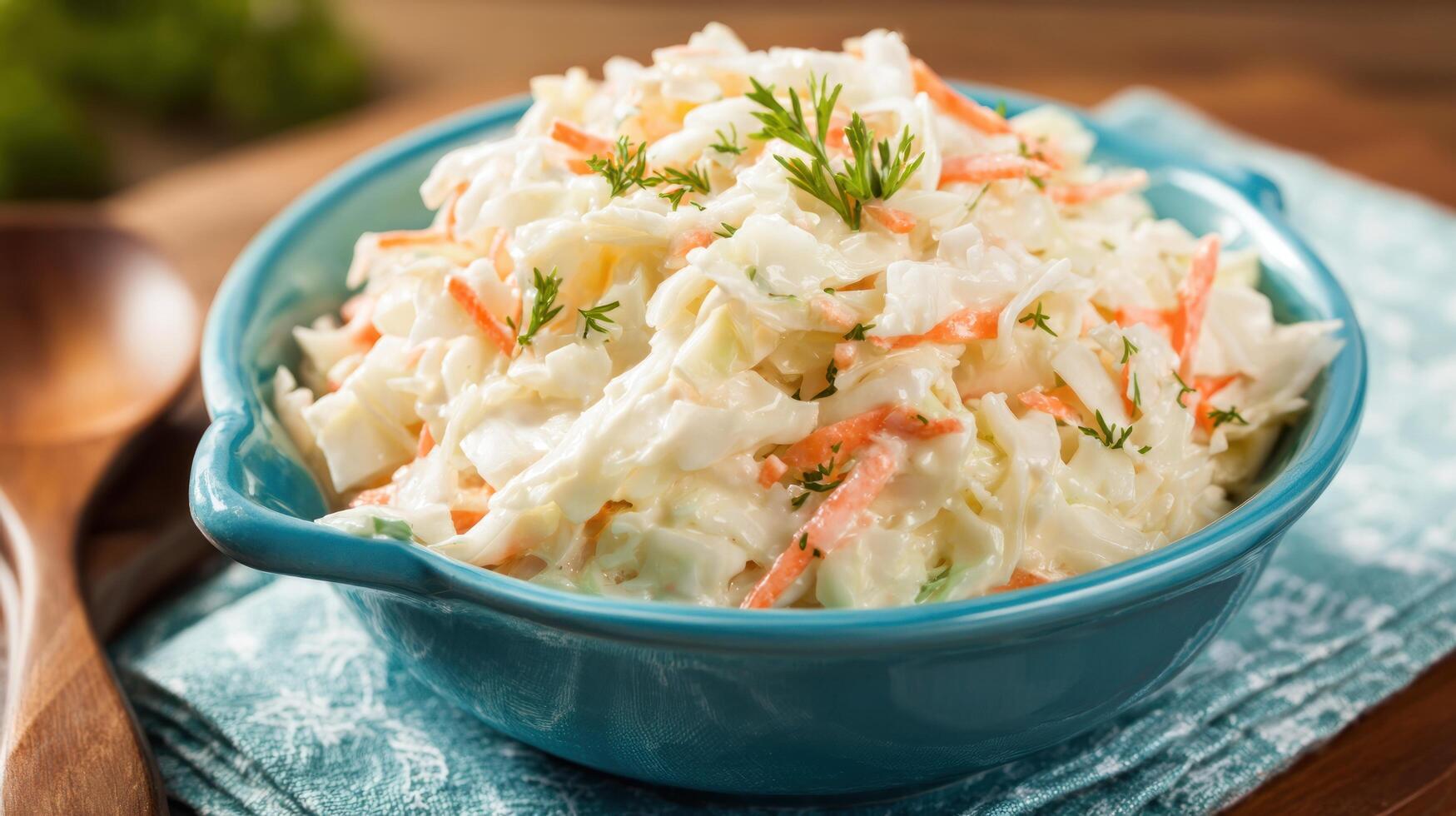 Creamy coleslaw in a bowl green photo