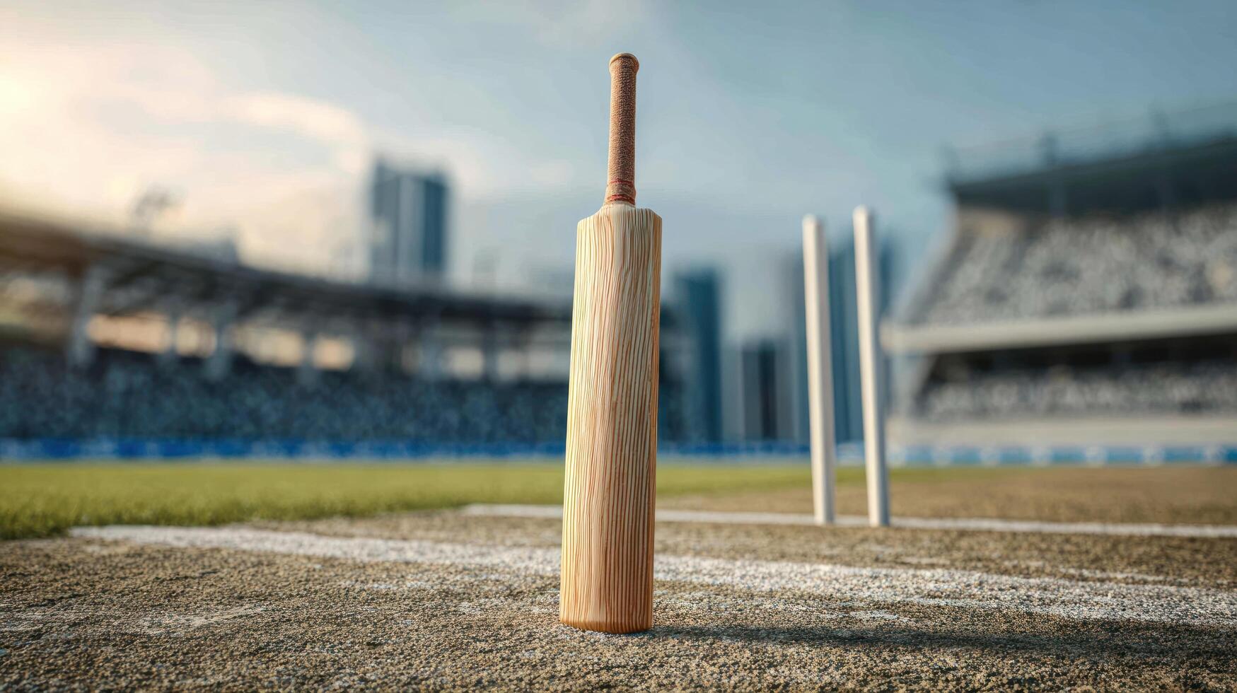 Cricket bat on field, stadium background photo