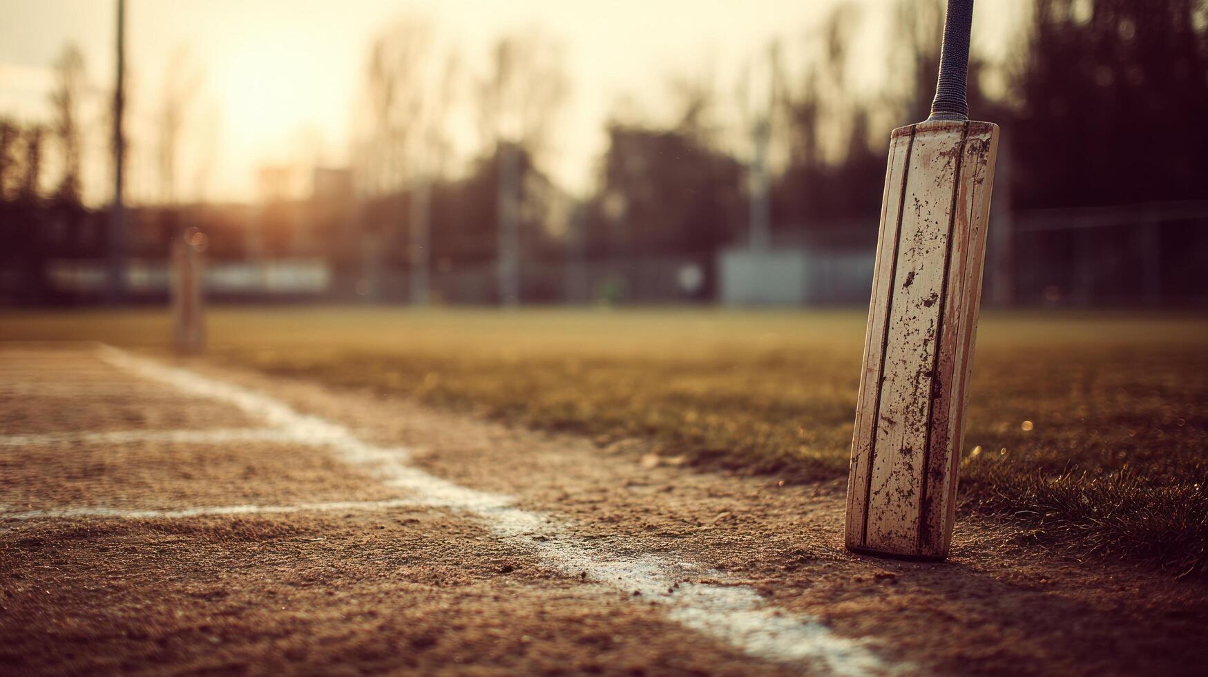Cricket bat on field at sunset photo