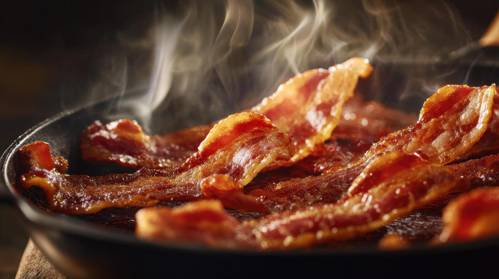 Crispy bacon sizzling in a pan photo