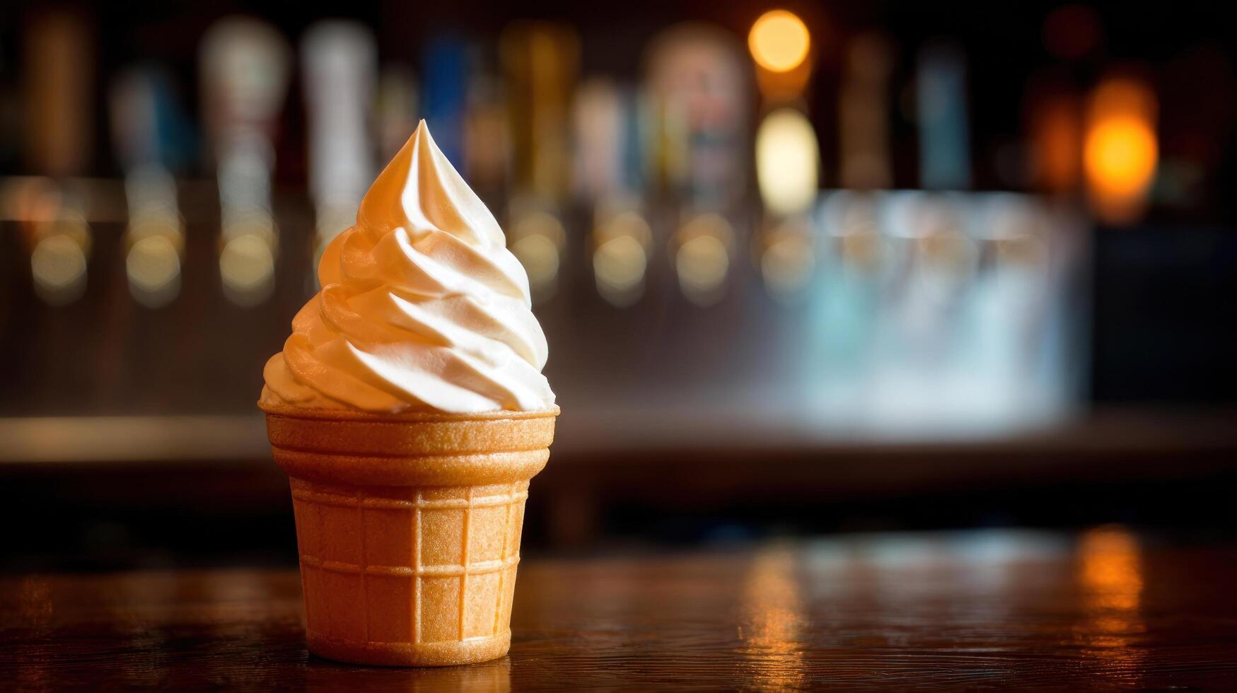 Creamy ice cream cone on bar counter photo