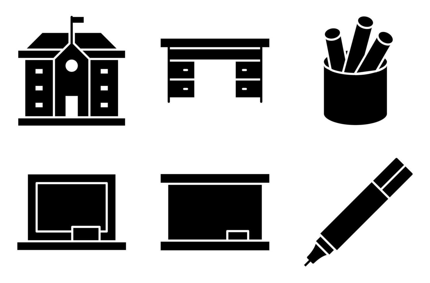 School Environment Solid Icon Set, such as building, classroom furniture, board, and stationery vector