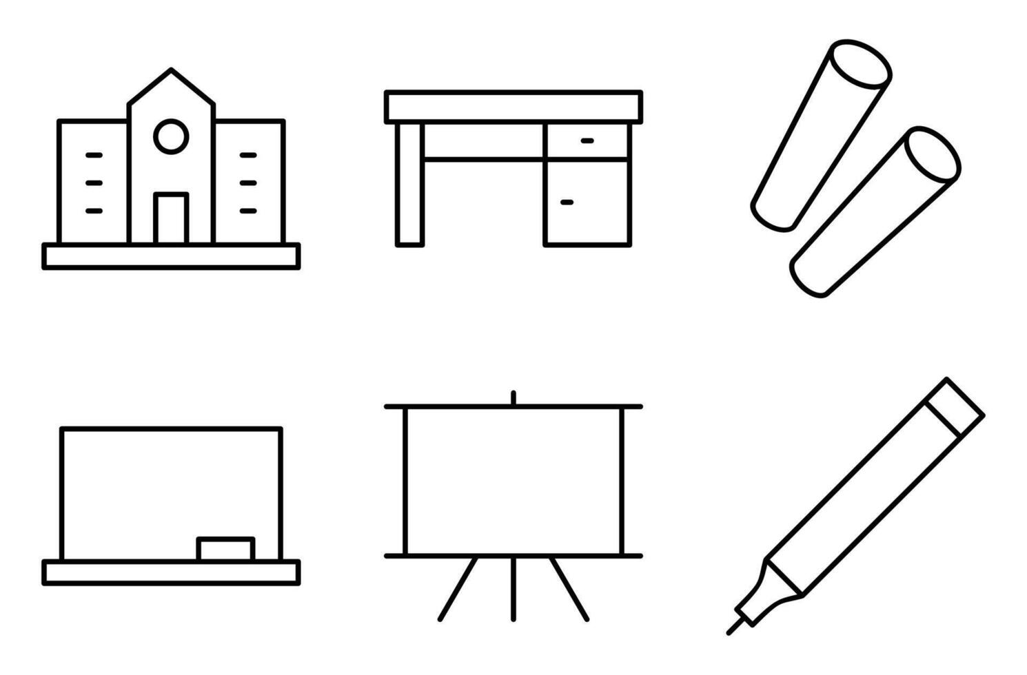 School Facilities and Furniture Line Icon Set, such as school building, desk, chalk, blackboard, whiteboard, and whiteboard marker vector