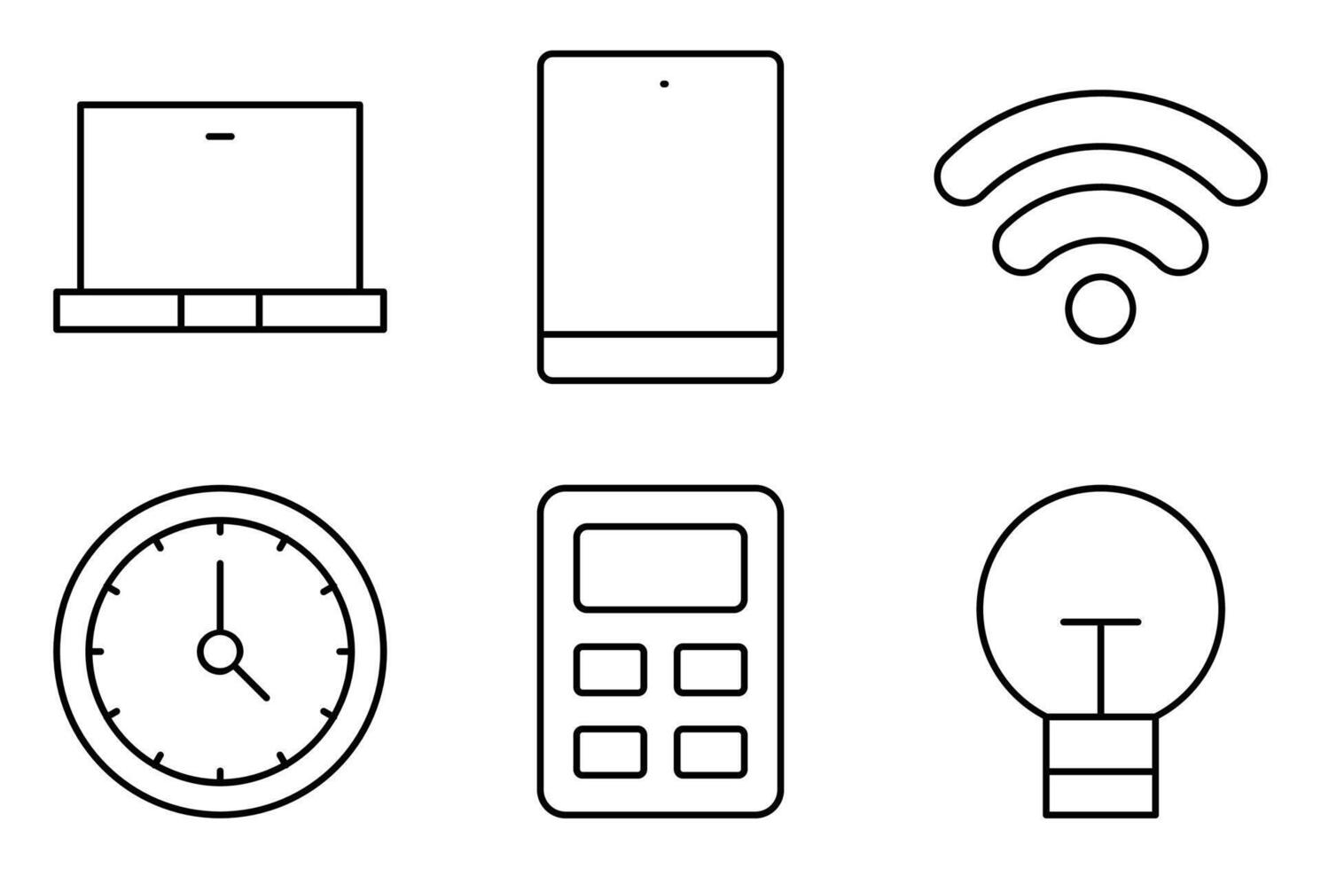 Educational Technology Line Icon Set, such as laptop, tablet, WiFi, clock, calculator, and lightbulb vector