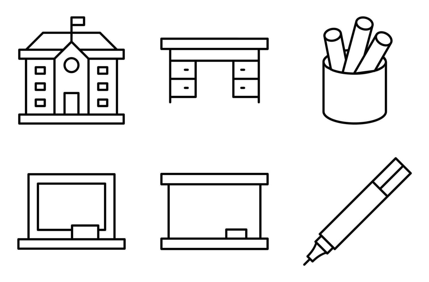 Line Style School Furniture and Tools Icon Set, such as blackboard, desk, chalk, and whiteboard marker vector