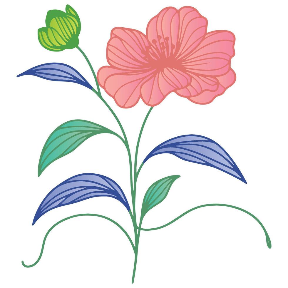 modern hand painted flower with leafy stem details in digital botanical format for fashion and home decor vector