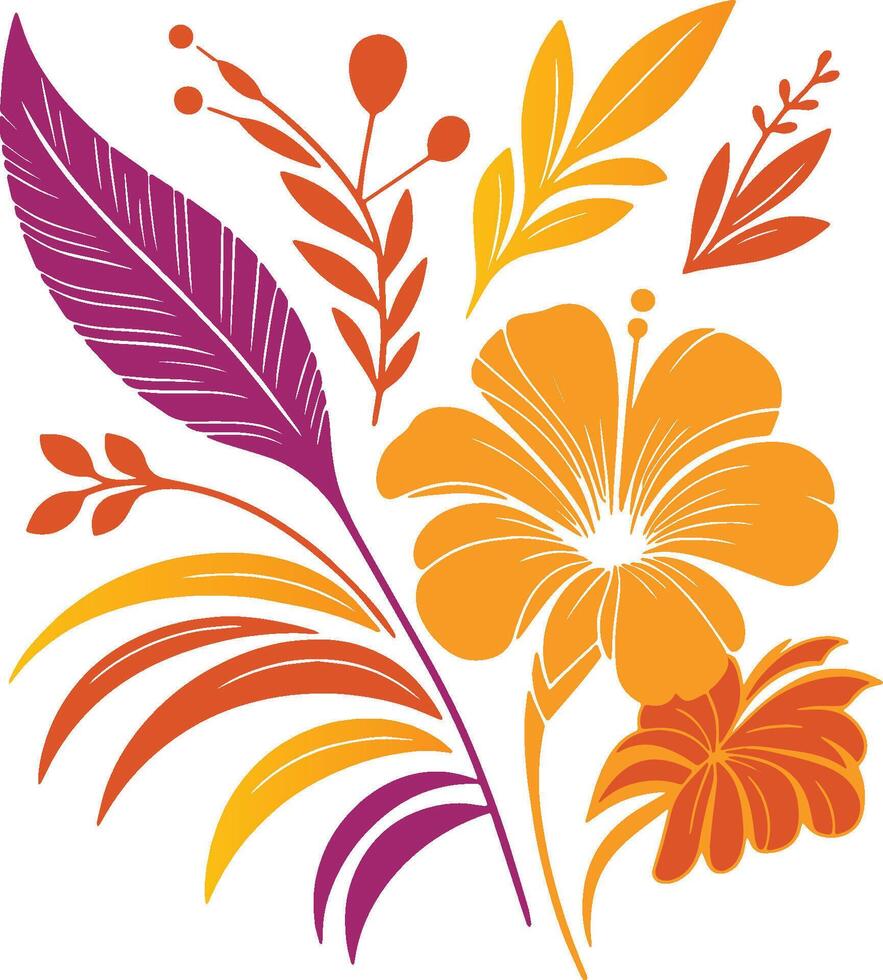 summer flower artwork with fine line botanical leaves for trendy wedding, fabric, and wall print applications vector
