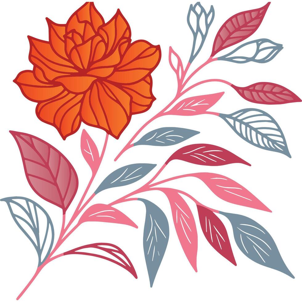 decorative floral illustration featuring stem leaves and artistic flower drawn in a contemporary sketch style vector