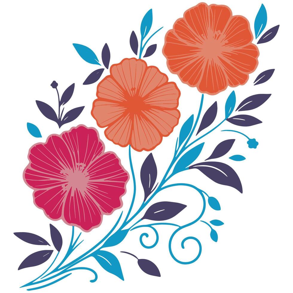 soft botanical illustration of stem leaves and garden flowers in line art format for trendy women wear design vector