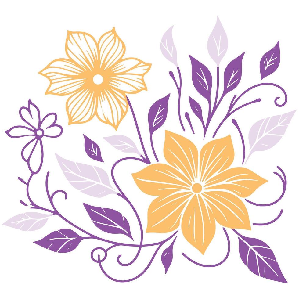 floral bloom illustration in hand drawn style with stem leaf detailing for cushion art and wedding stationery vector