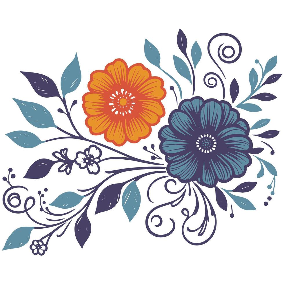 detailed blossom artwork with stem and leaf composition in abstract botanical hand drawn format vector