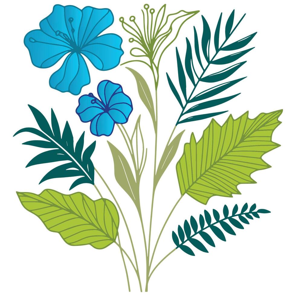 fine line cotton flower with hand painted leafy elements in elegant format for decor and soft fashion prints vector