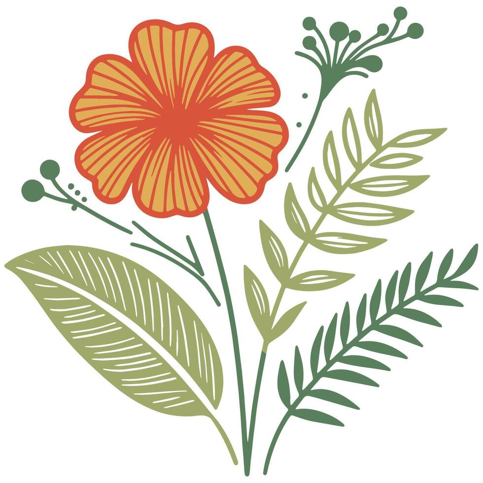 modern digital artwork of blossom with minimal botanical leaves in a single line style for fabric and decor vector