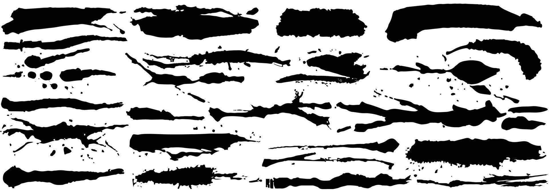 Brush strokes. Paintbrush set. Grunge design elements. Long text boxes. Dirty texture banners. Ink splatters. Dry hand drawn smear vector