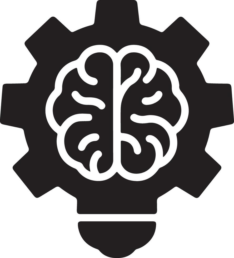 Ingenious Mind at Work A Powerful Black and White Illustration of a Brain Inside a Cog, Symbolizing Intelligent Innovation and Creative Problem-Solving vector