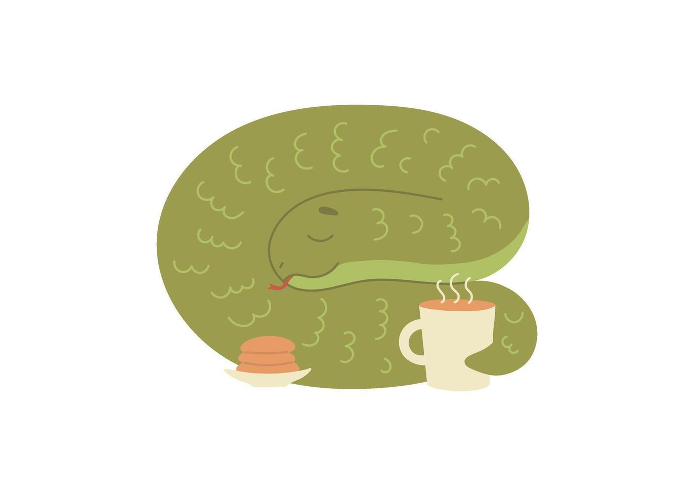Cute green snake animal kawaii character in autumn, symbol 2025 year. Wild reptile with tongue, serpent. Cartoon hand drawn style for children illustration vector
