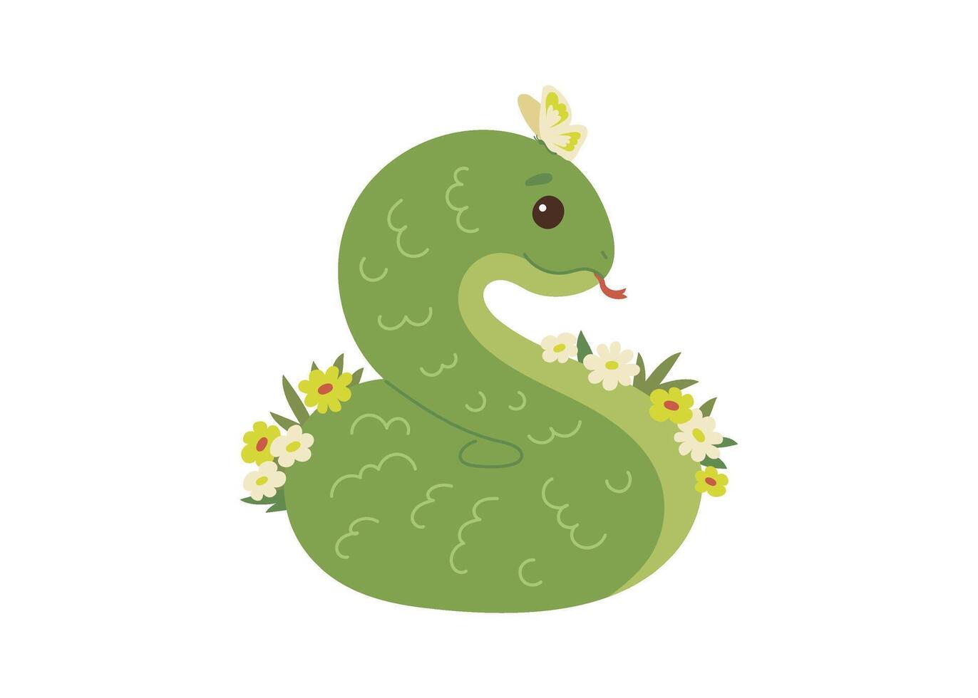 Cute green snake animal kawaii character in spring with flower, symbol 2025 year. Wild reptile with tongue, serpent. Cartoon hand drawn style for children. illustration vector