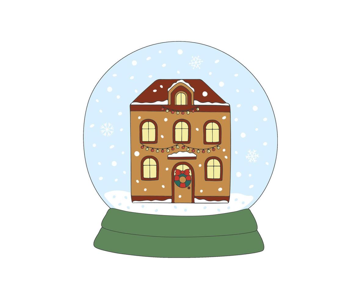 Glass snow globe with house inside. Christmas decorative ball with winter scene, snowball with snowflakes. illustration hand drawn doodle cartoon illustration vector