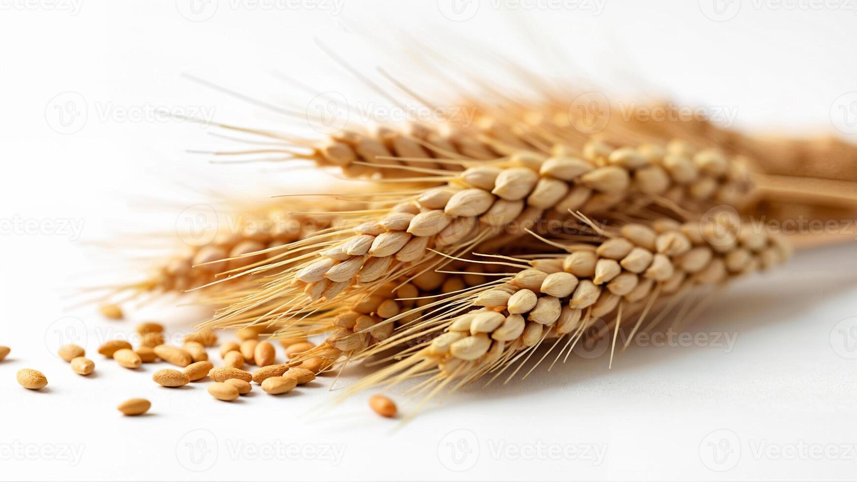 Close-up of fresh wheat grains and wheat ears isolated on a white background for agricultural, food, or nutrition concepts. Useful for illustrating crop harvest, grain quality, or natural ingredients. photo
