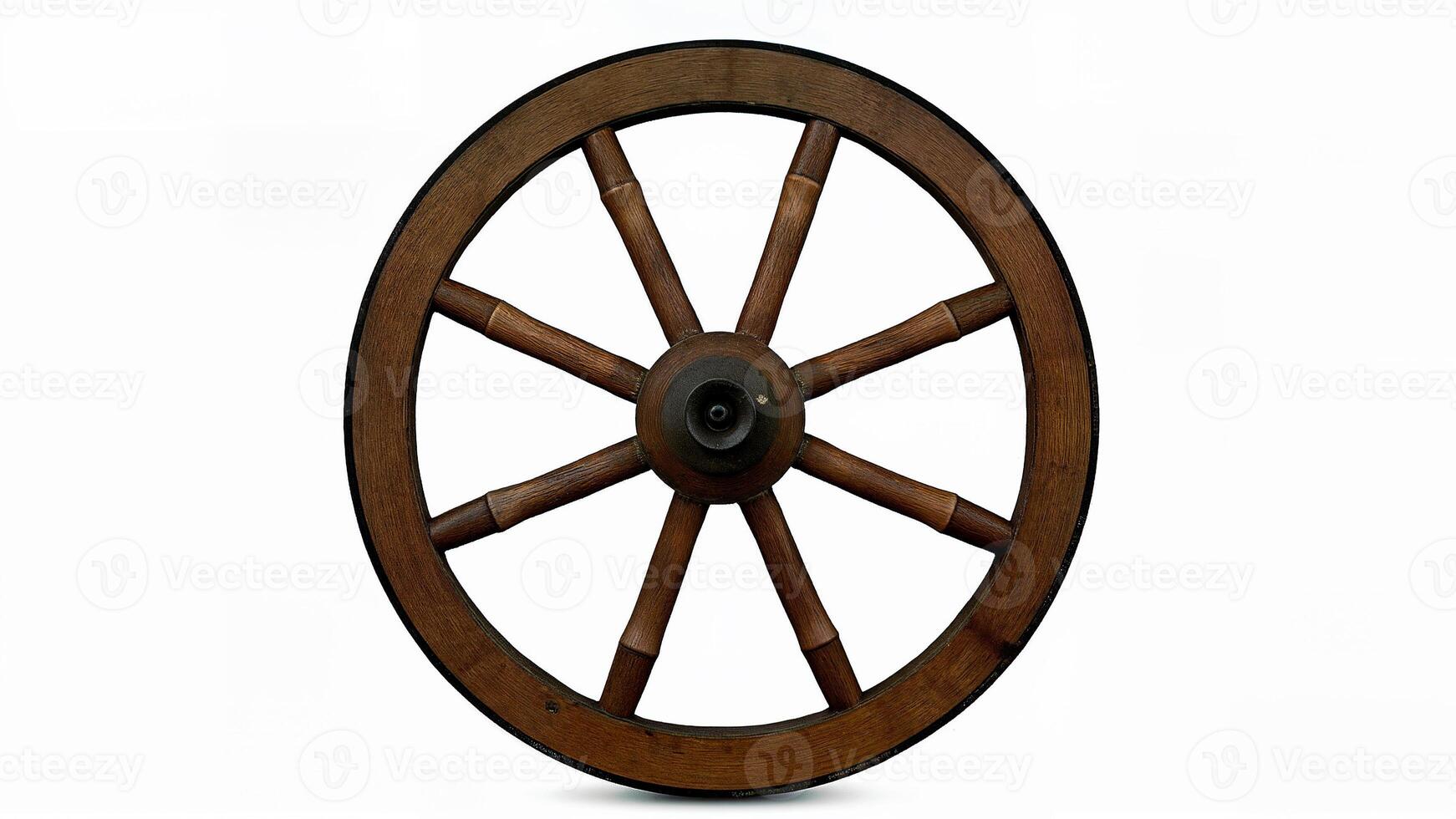 Old wooden wagon wheel with metal hub, isolated on a white background, showing rustic craftsmanship and circular shape. Suitable for historical, transportation, or antique-themed design and educational projects. photo