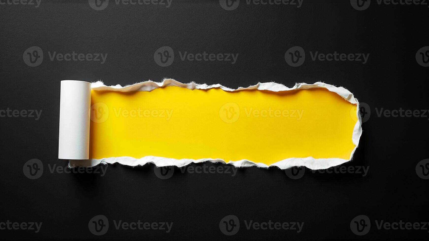 Isolated yellow torn paper strip with rough edges and curled white paper on a solid black background. Suitable for design projects, creative presentations, or advertising requiring a bold and modern visual element. photo