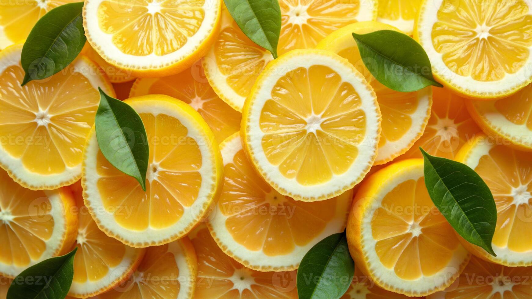 High-resolution image of multiple sliced lemon pieces with green leaves, arranged closely together. Useful for food, beverage, or healthy lifestyle concepts. photo