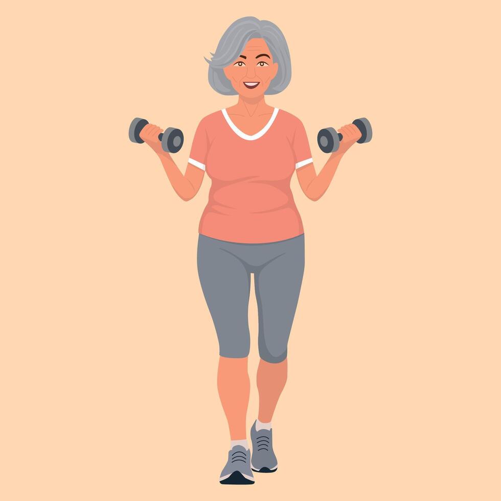 Elderly Woman Working Out with Dumbbells vector