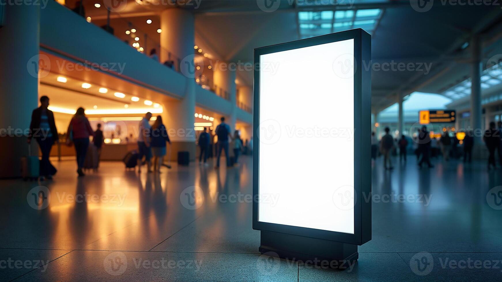 Large isolated light box with blank white screen stands in a busy airport terminal with travelers in the background. Suitable for advertising, marketing, or promotional mockups in transportation or travel environments. photo