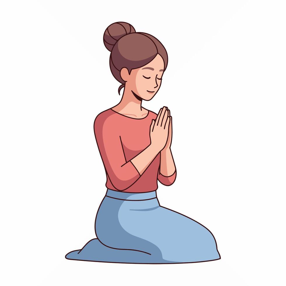 Woman kneels in prayer with hands clasped in a humble posture, a depiction of faith vector