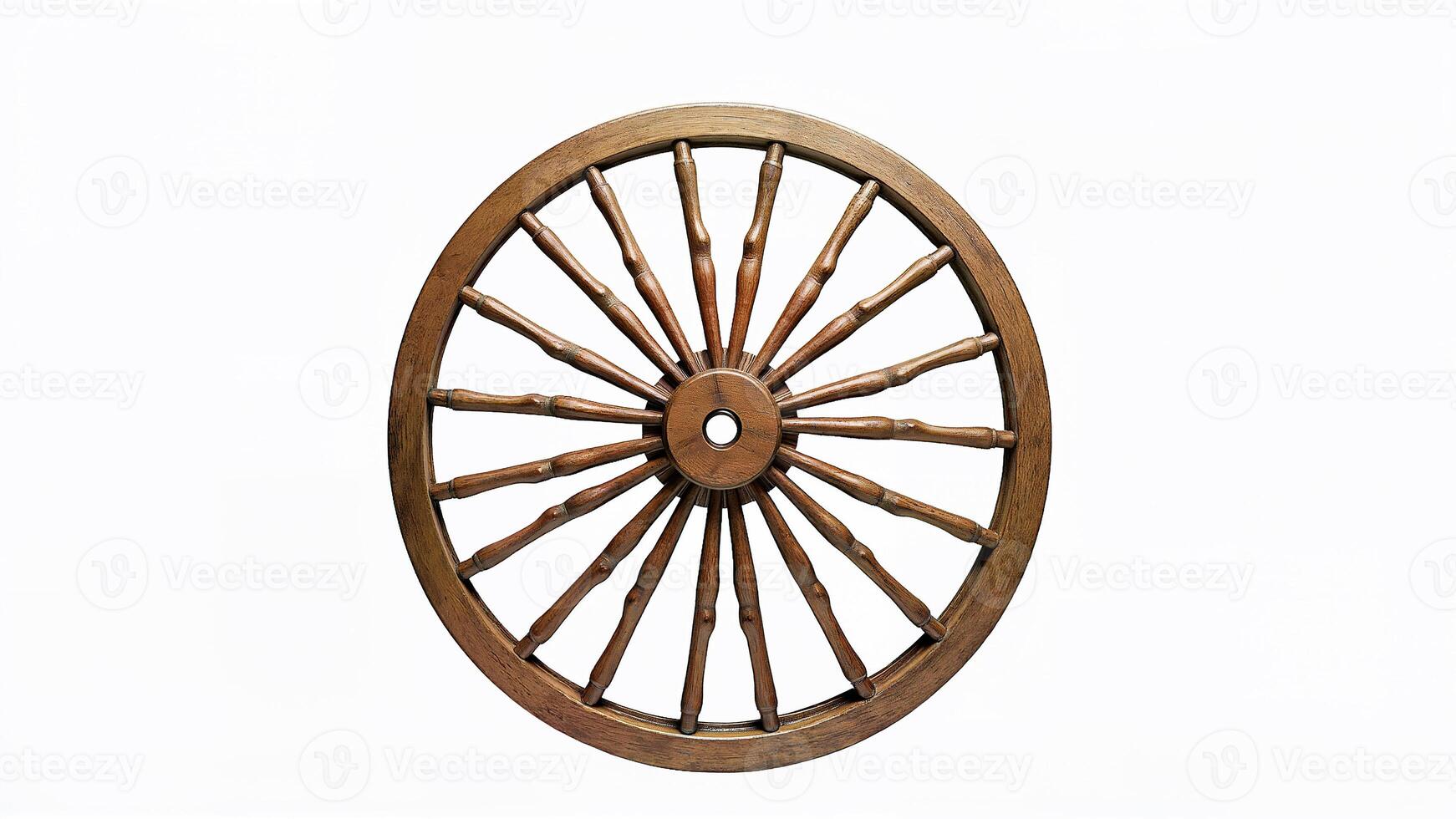 Old wooden wagon wheel with multiple spokes isolated on a white background, showing rustic craftsmanship and circular shape. Suitable for historical, western, or transportation. photo