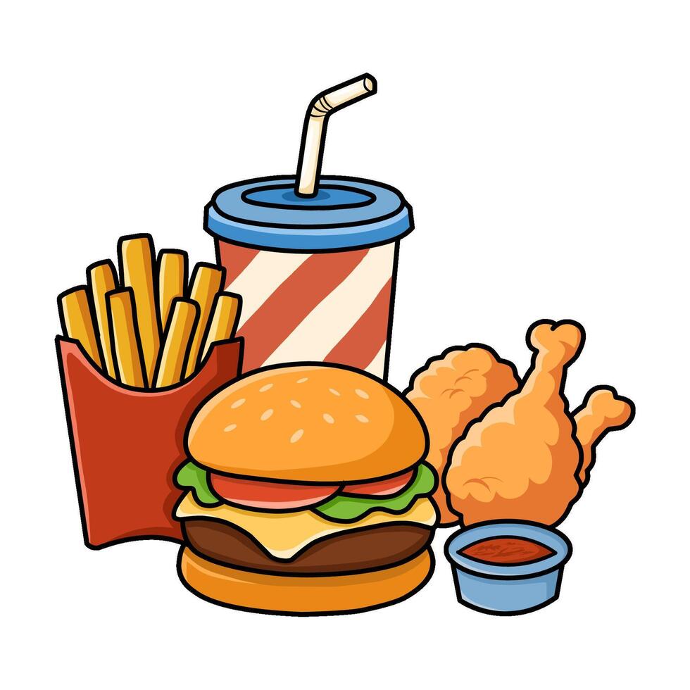 illustration of fast food, burgers, french fries, fried chicken etc. vector