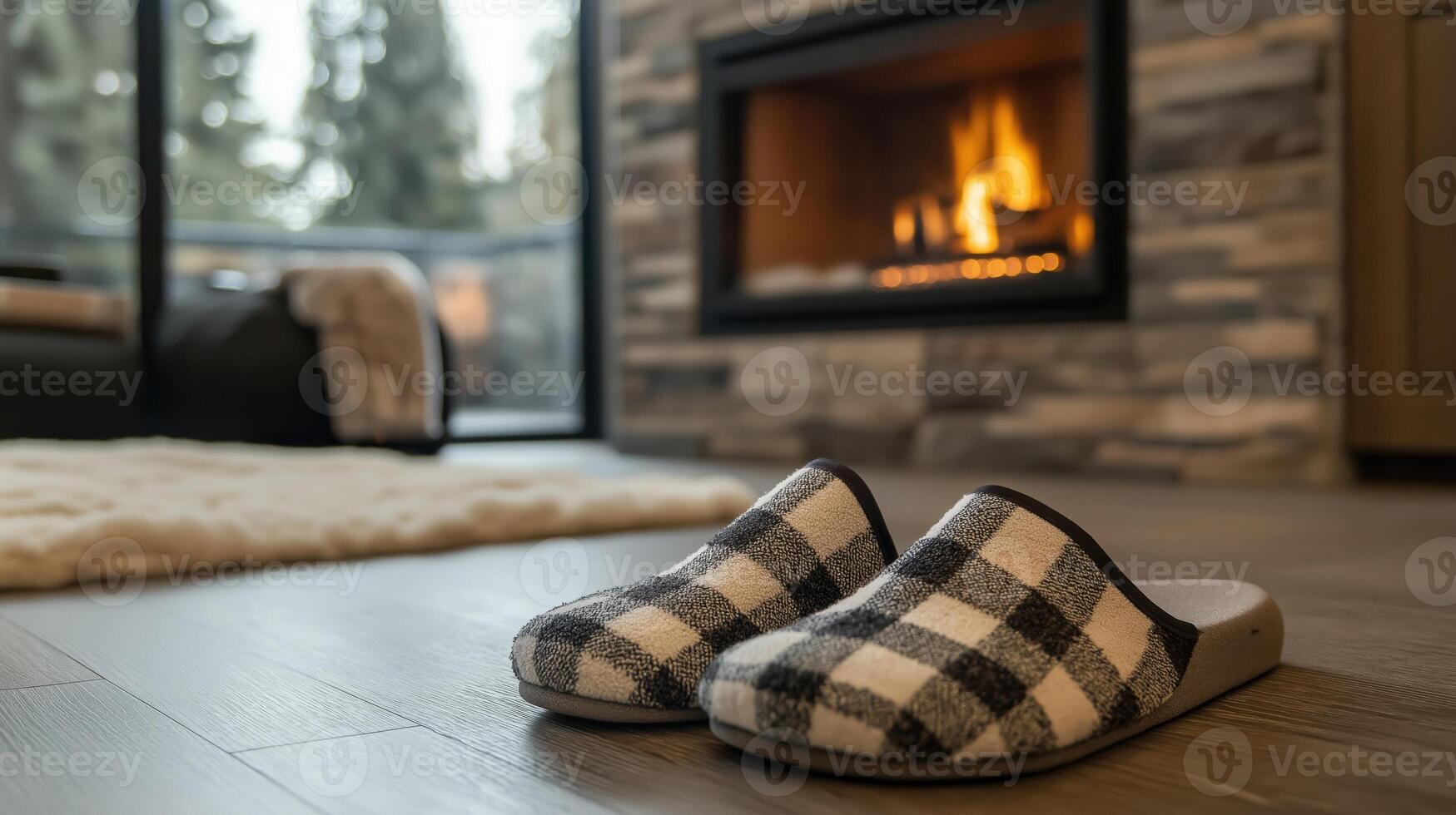 Checkered pattern slippers on floor with burning fireplace in cozy interior photo