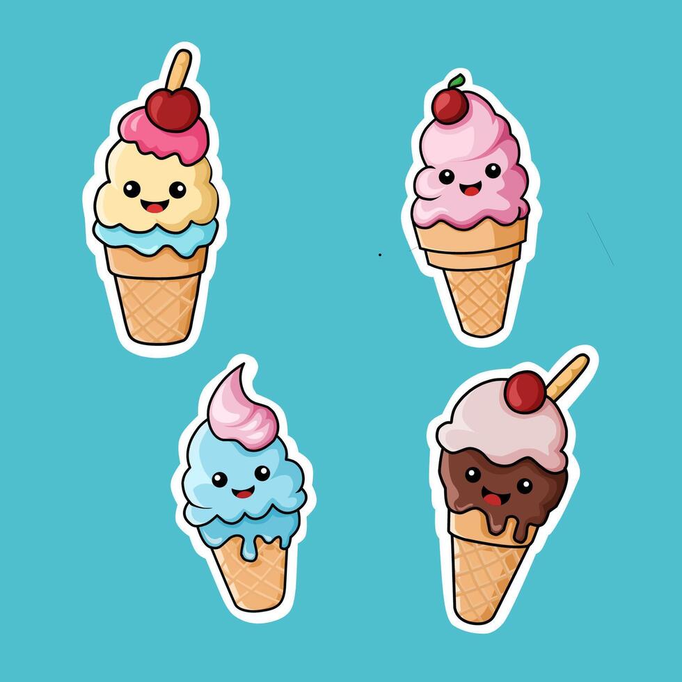 cute kawaii ice cream illustration, vector