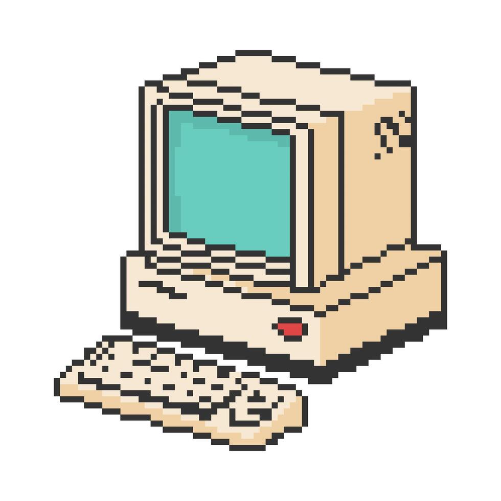 Old computer icon, Pixel art object in 8 bit style. Retro 80s,90s game graphics. vector