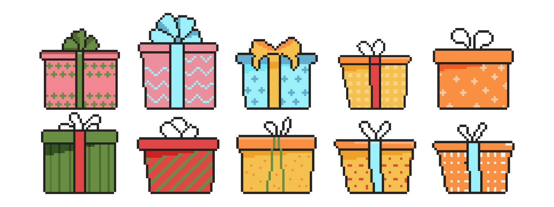 8 bit gift boxes icon set, Pixel art object. Old school vintage game graphics. vector