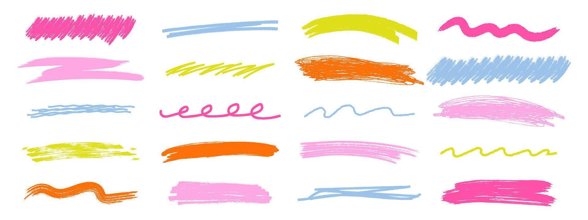 Colorful chalk underline and scrawl stroke set. Hand drawn pastel brush lines, wavy and curly underlines, crayon highlight elements. illustration on white background vector
