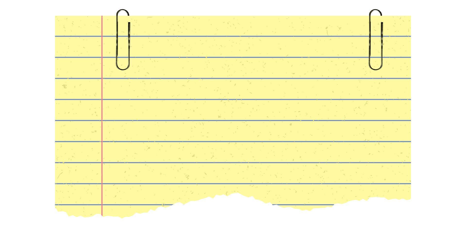 Yellow torn paper with grunge, and handmade texture with paper clip. Torn scraps of notebook with lines. Retro grunge style vector