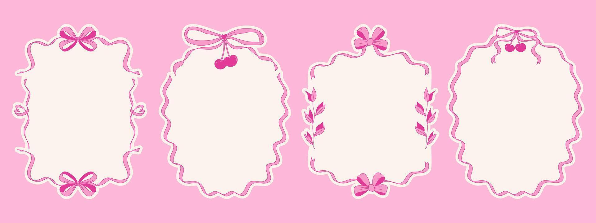 Coquette bow frames, Hand drawn whimsical borders on pink background. vector
