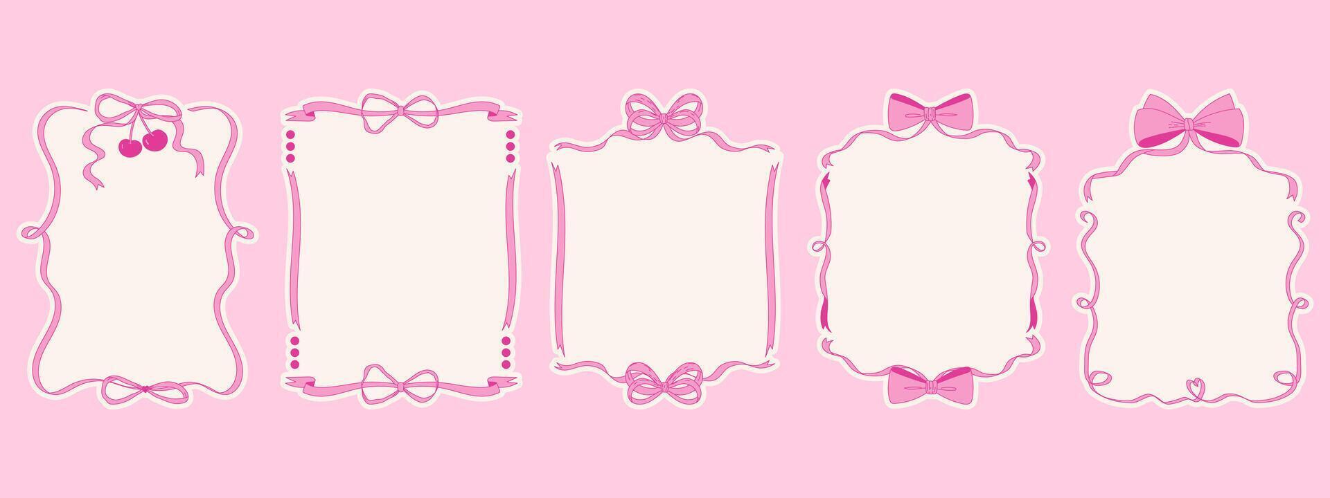Coquette bow frame set, Cute hand drawn pink ribbon borders collection. vector