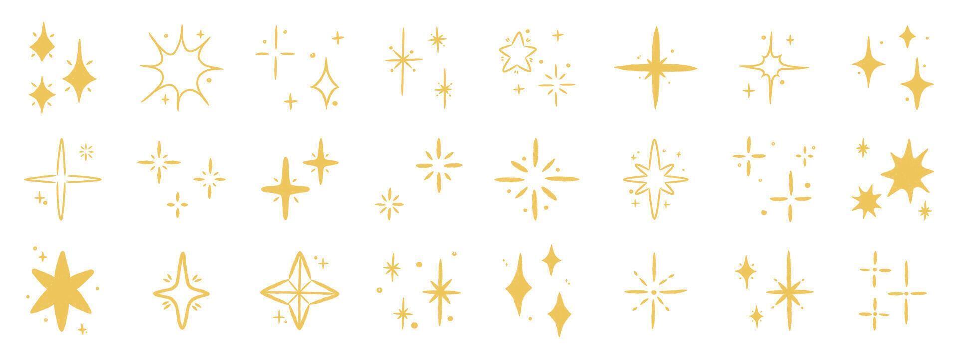 Hand drawn pastel brush star doodle set, Crayon and chalk style twinkle, sparkle, and shining star elements. Childish sketch illustration on white background vector
