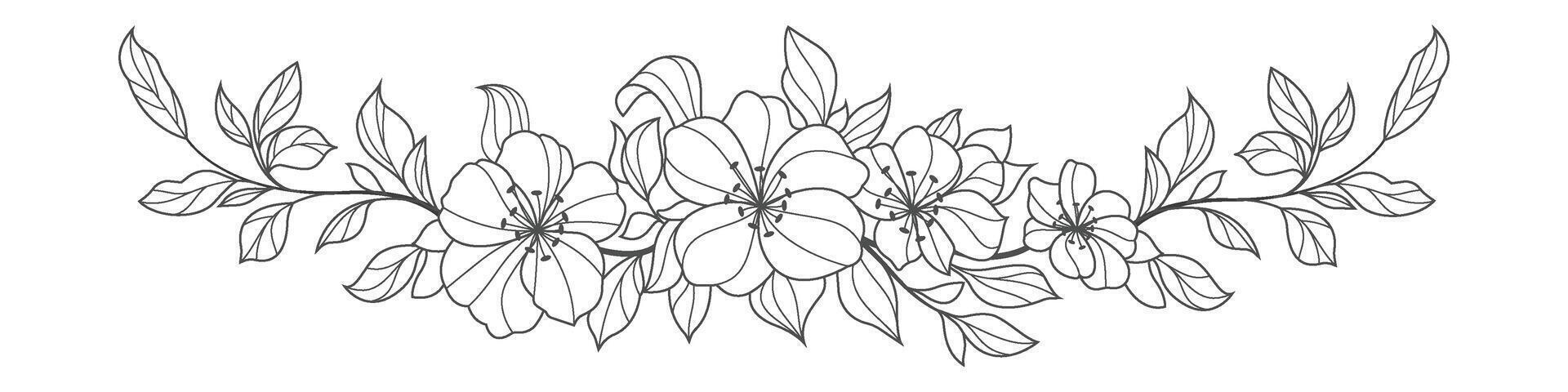 Ornamental elegant floral flower divider garland frame border with leaves blossoms isolated on transparent background vector