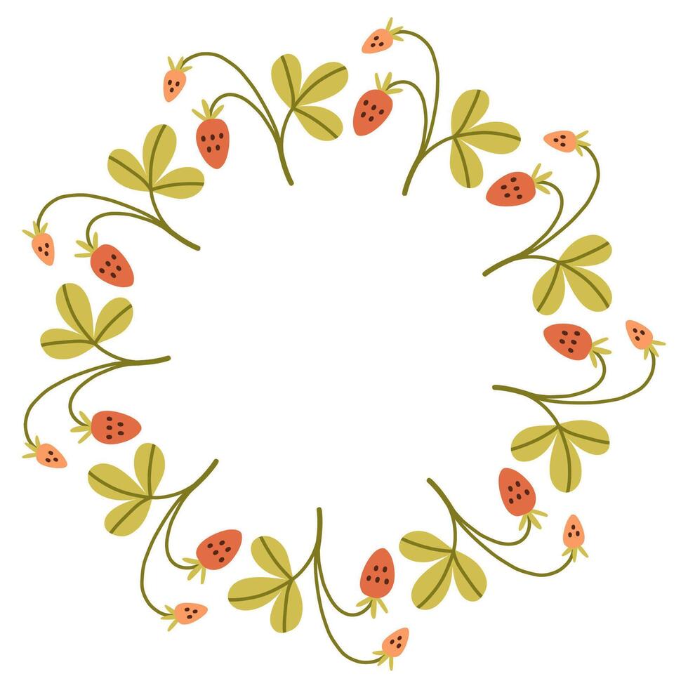 Autumn small strawberry circle frame. Round border made of fall berries. The berries have different shapes and are arranged in a circle. flat isolated on white background. vector