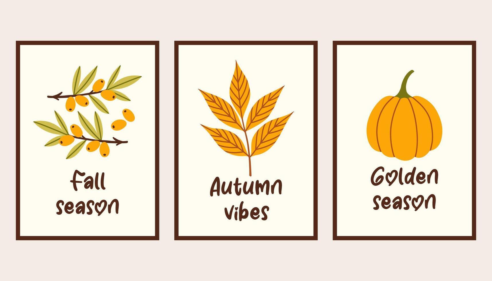 Autumn simple berry leaf pumpkin poster set. Fall flyer doodle set. Vectical banner autumn elements. Autumn interior design poster, end of season promo template. illustration. vector