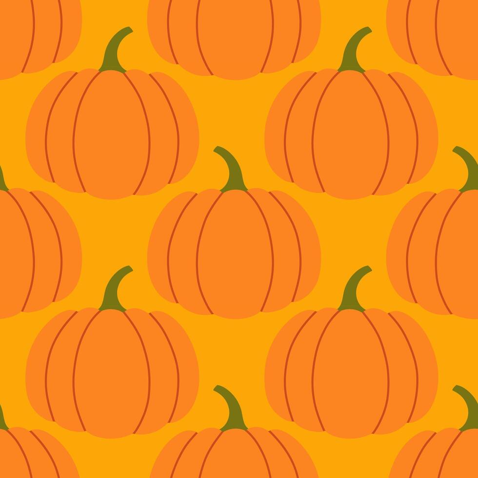 Pumpkins seamless pattern. Autumn isolated orange pumpkin on yellow background. Square repeat pattern flat design for fall season. vector