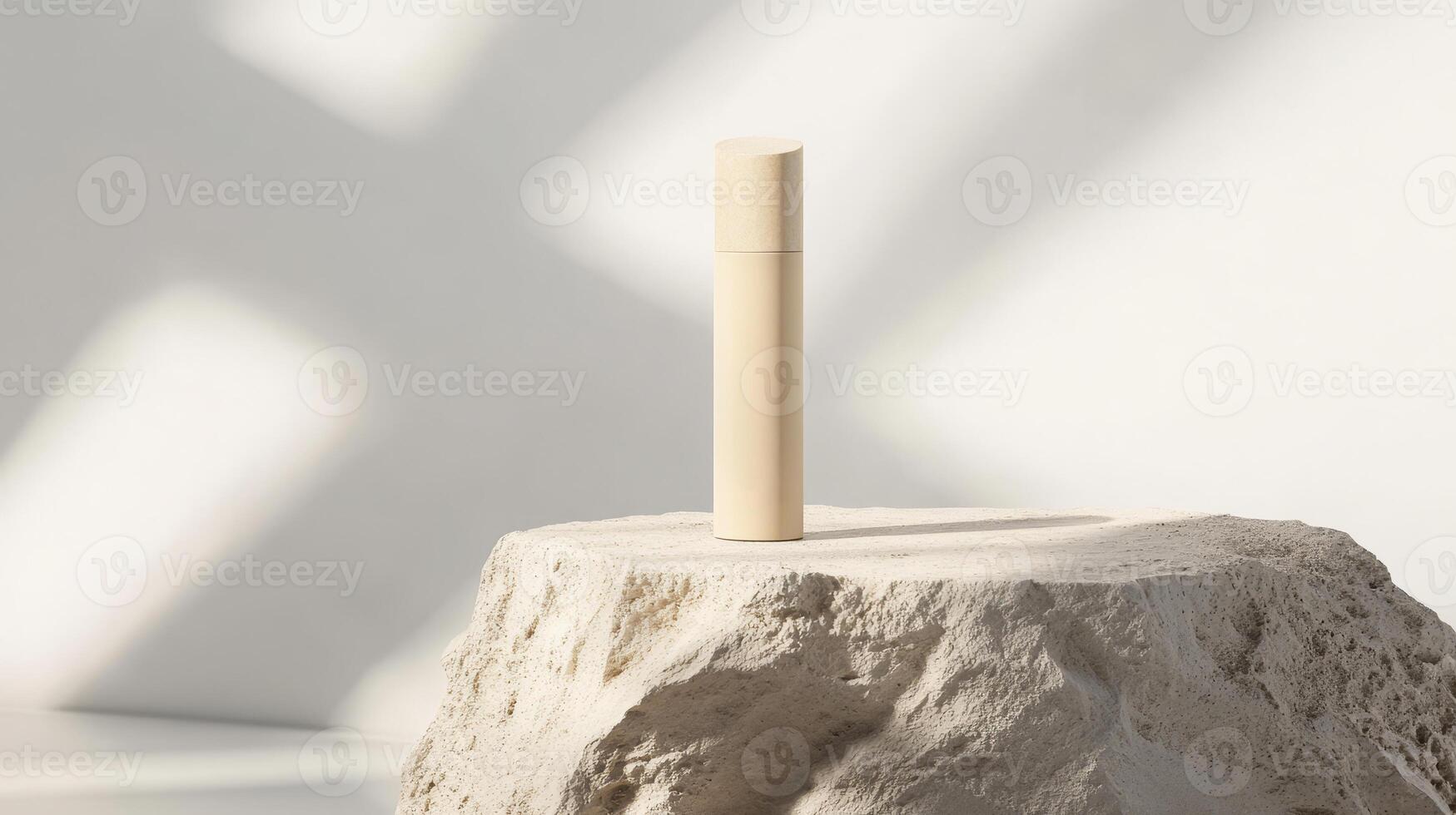 A stylish beige cosmetic tube stands prominently on a textured stone surface, illuminated by gentle natural light in a minimalistic setting photo