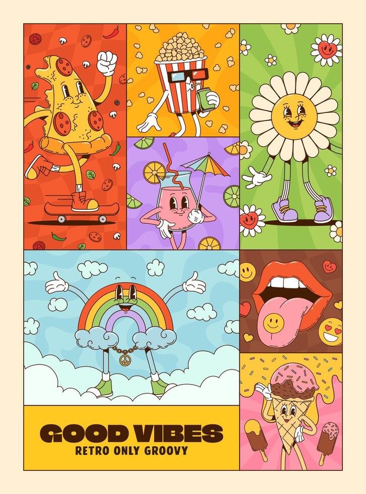 Colorful retro cartoon collage with fun characters vector