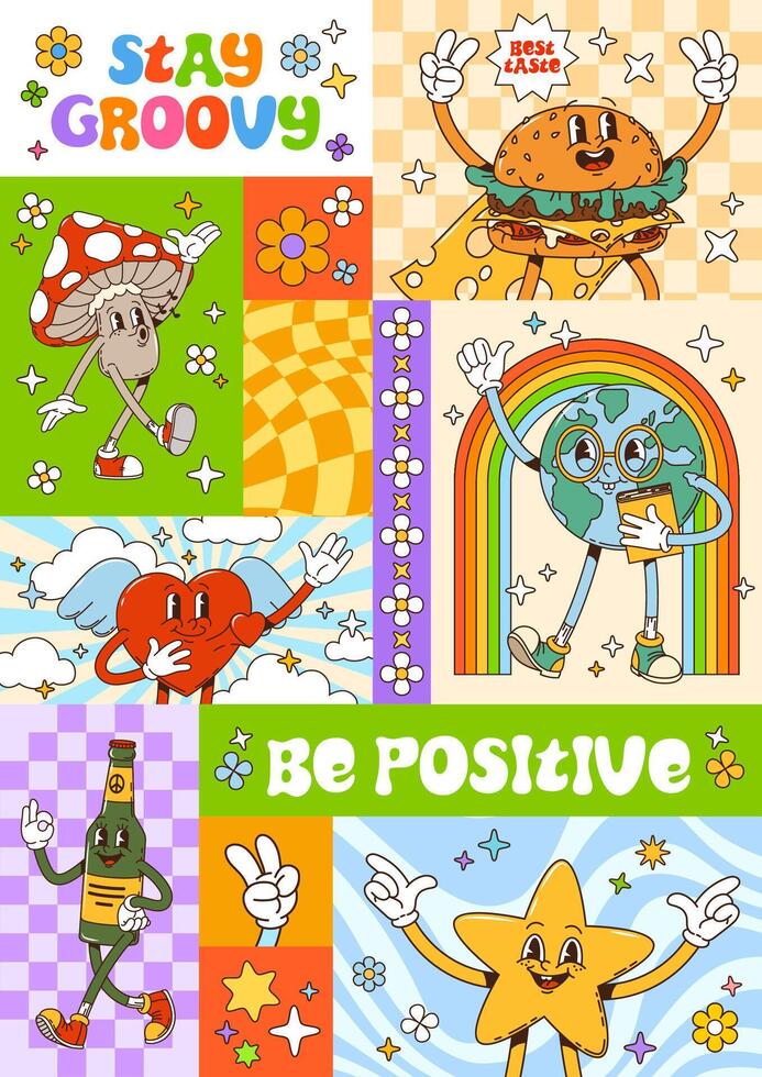 Colorful cartoon characters promoting positivity vector