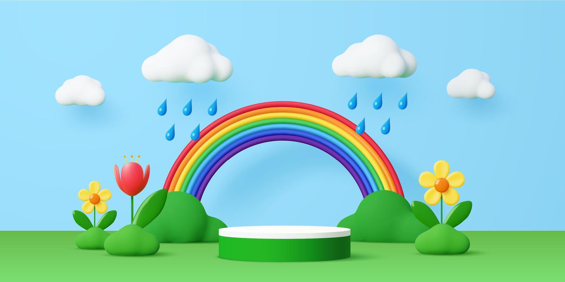 Rainbow with clouds and flowers illustration vector